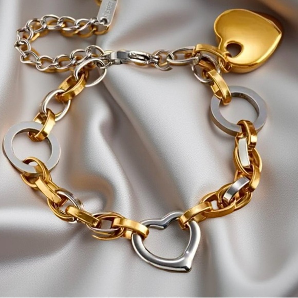 Two Tone Chain - Heart Charm Bracelets - Picture 1 of 4